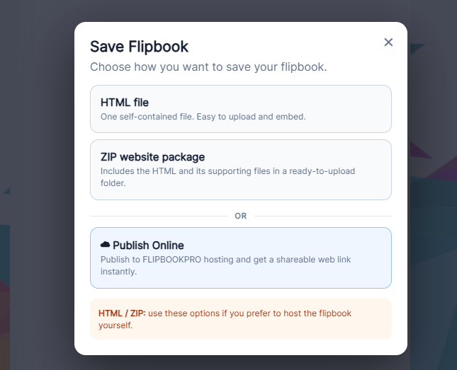 HTML, ZIP and online publication choices.